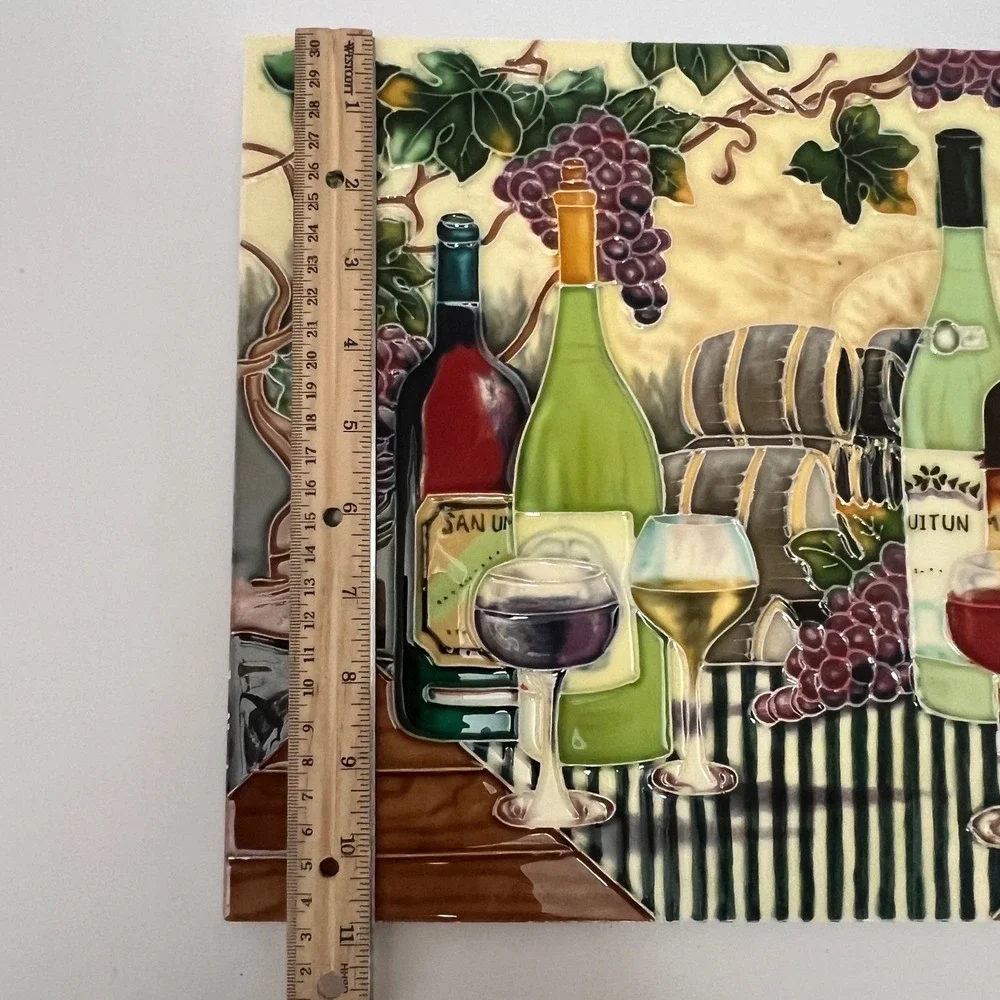 Hand Painted Ceramic Wine Vineyard Art Tile Decorative Wall Plaque 12x8 Raised